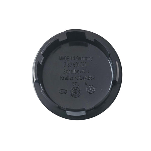 Rear view of vw volkswagen 65mm wheel centre cap showing part number 3b7601171 on a white background