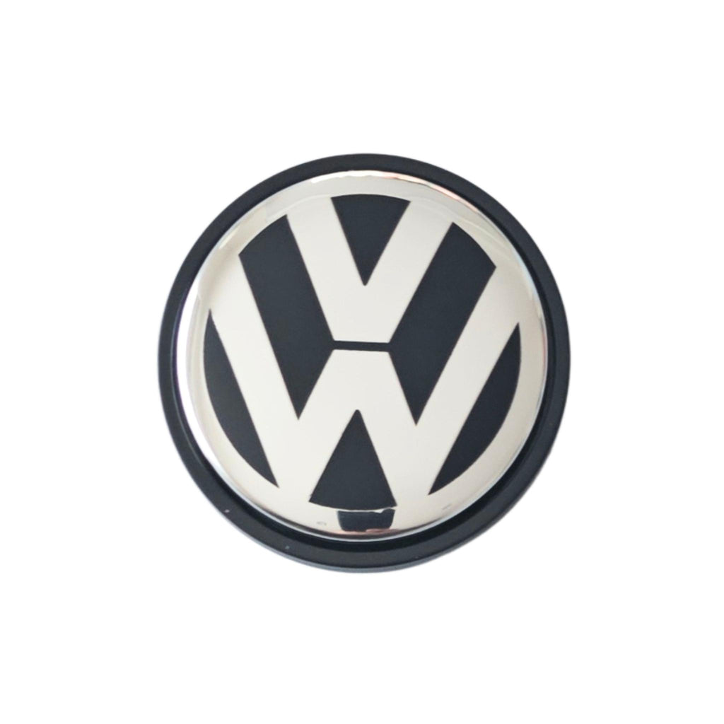 Single VW Volkswagen 65mm wheel centre cap with logo on a white background