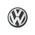 Single VW Volkswagen 65mm wheel centre cap with logo on a white background
